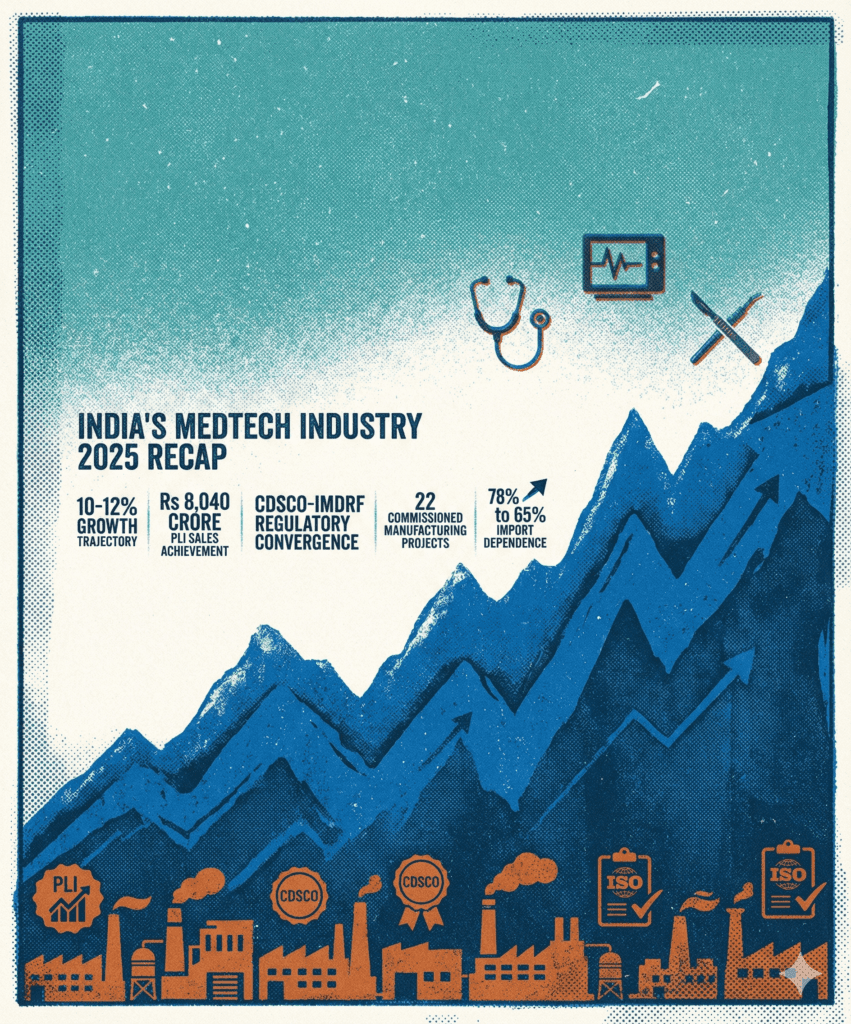 Risograph-style illustration showing India's medical device industry growth in 2025 with ascending medical device icons on textured mountain representing sector transformation