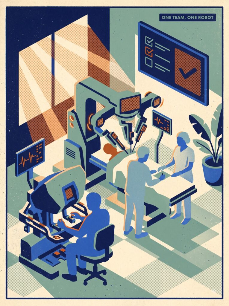 Vintage risograph illustration of a surgeon at a robotic console, with a bedside assistant and scrub nurse beside a three-armed surgical robot, for FDA's 2026 draft guidance on robotically assisted surgical devices.