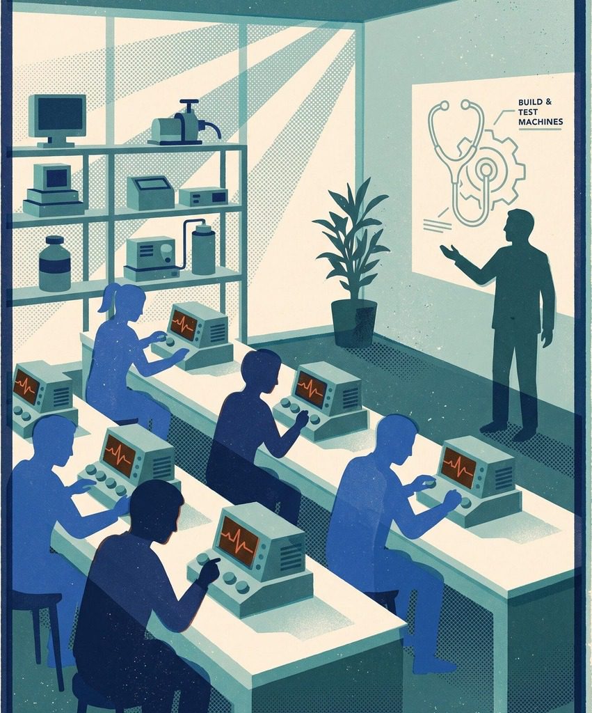 Risograph illustration of pharmacy students training on medical devices in a laboratory — the new M.Pharm in Medical Devices course